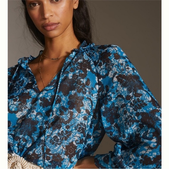 Anthropologie Sheer Printed Peasant Blouse Medium - Picture 2 of 7